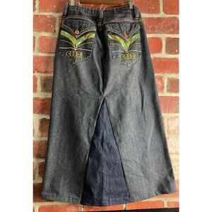VTG Coogi Denim Maxi Skirt Embroidered Upcycled Jeans Y2K modest Size Large